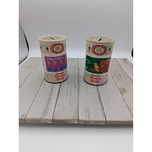 Lot of 2 Special Occasion Edition Stamp Tin Banks Birthday Love - Picture 1 of 10